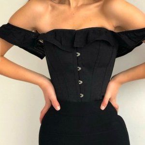 Corset Story BLACK COTTON STRAIGHT BUSTLINE CORSET TOP OFF THE SHOULDER SLEEVES